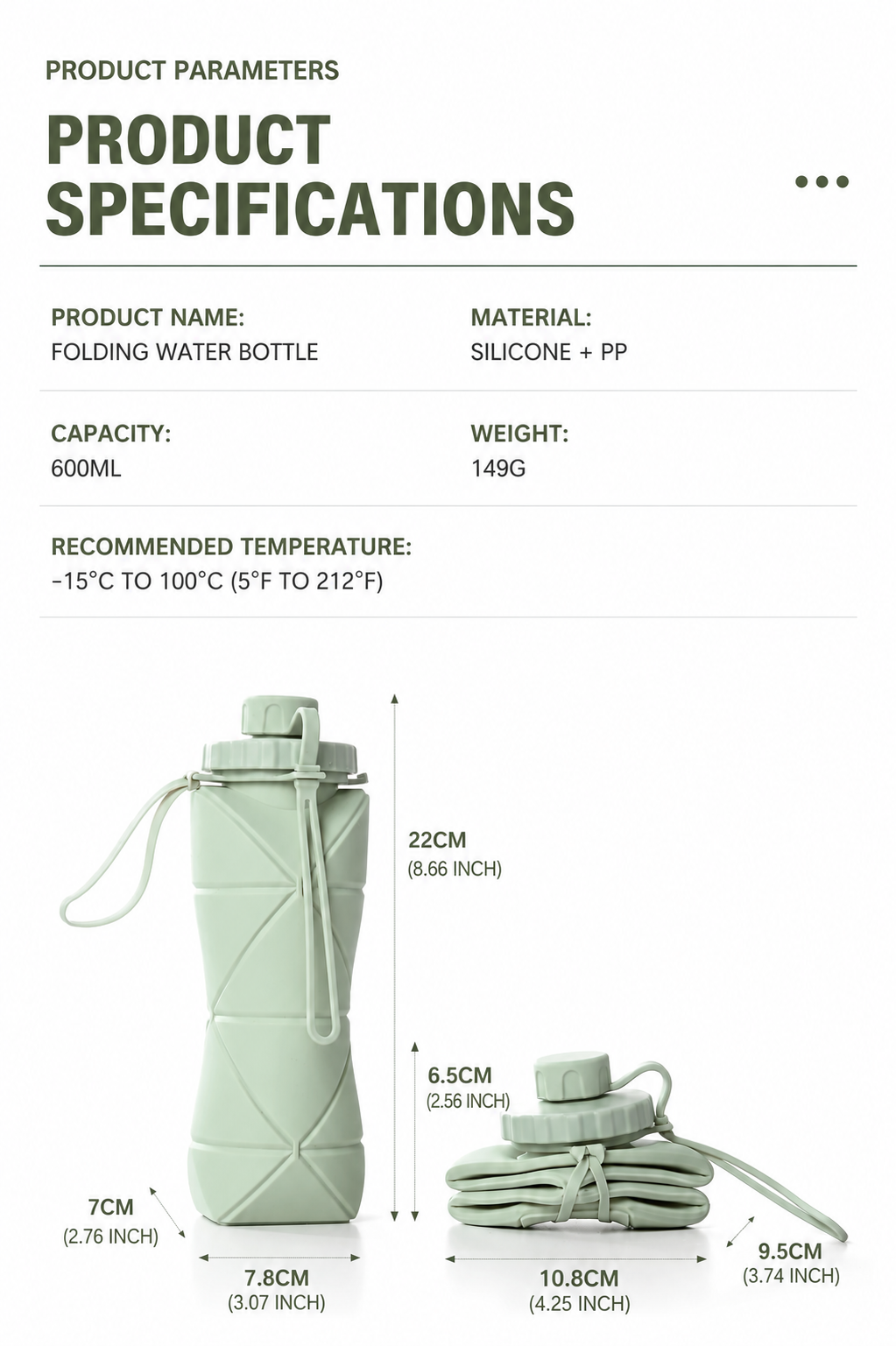 Silicone Foldable Water Bottle 600ml – Portable Reusable Bottle for Travel & College