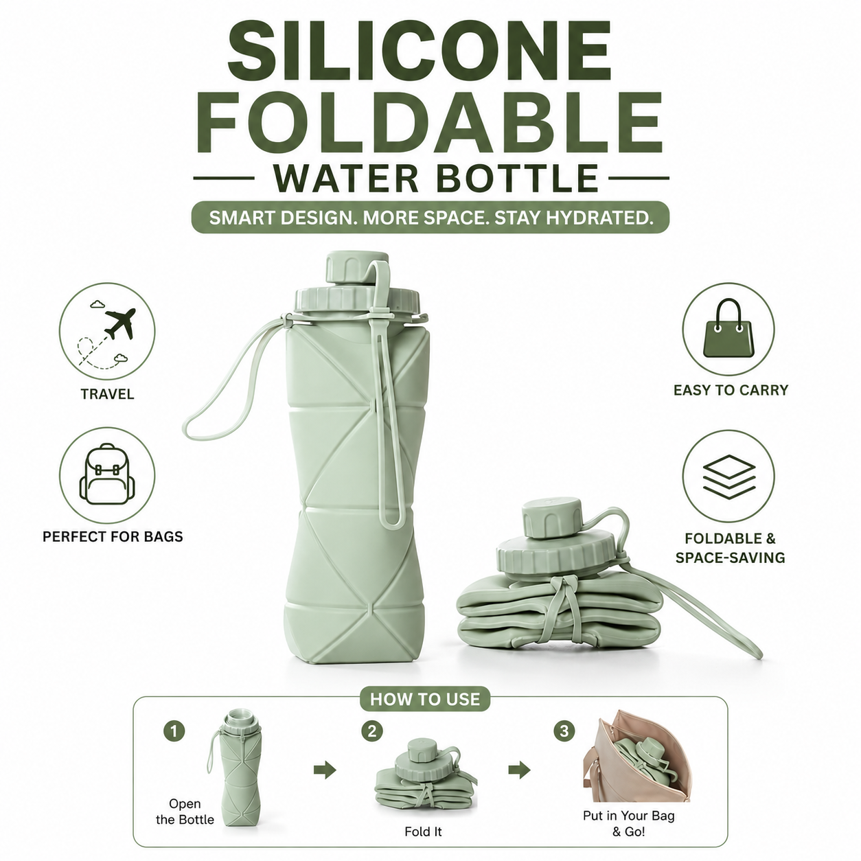 Silicone Foldable Water Bottle 600ml – Portable Reusable Bottle for Travel & College