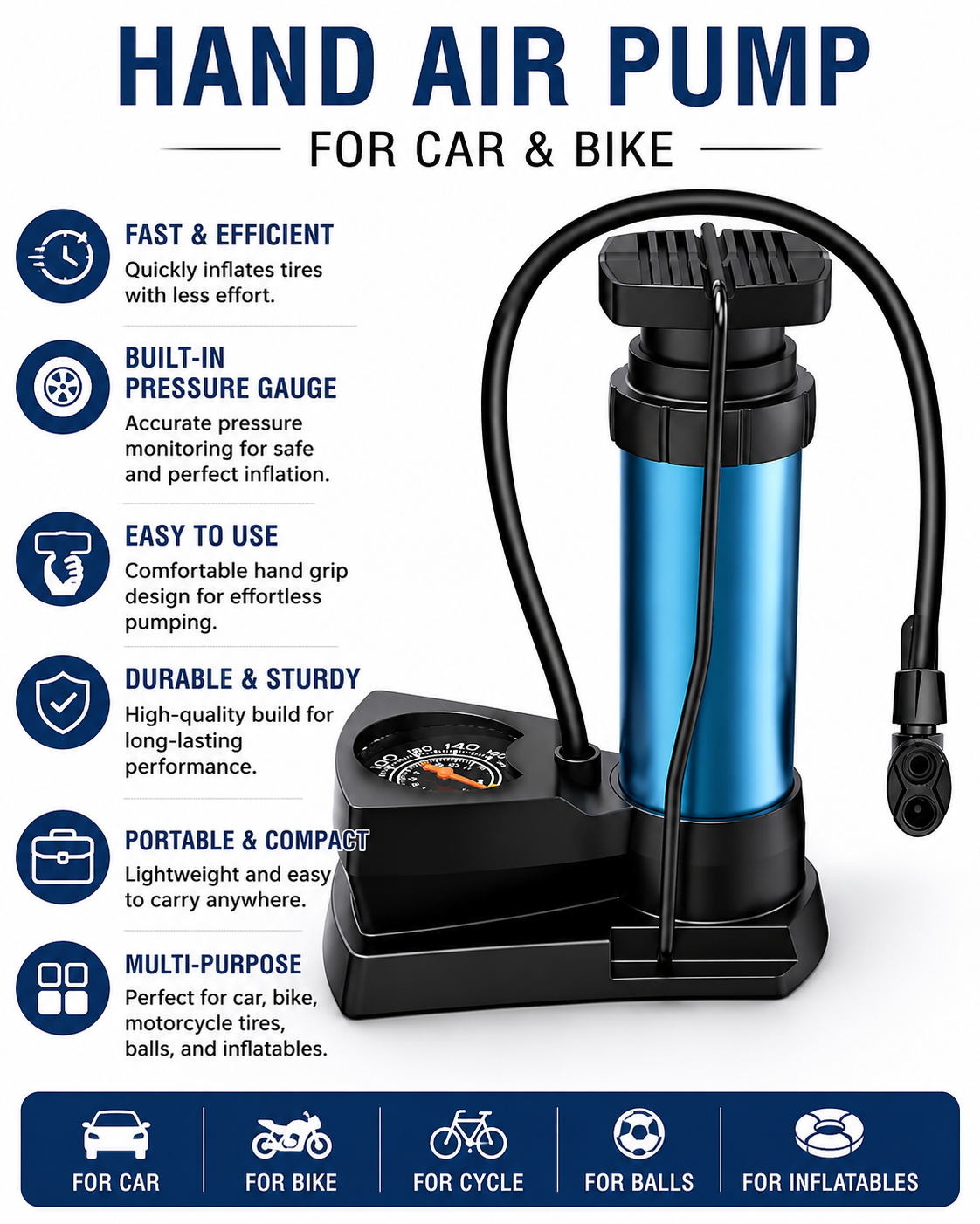 Foot & Hand Air Pump with Pressure Gauge – Portable Tire Inflator for Car, Bike & Motorcycles