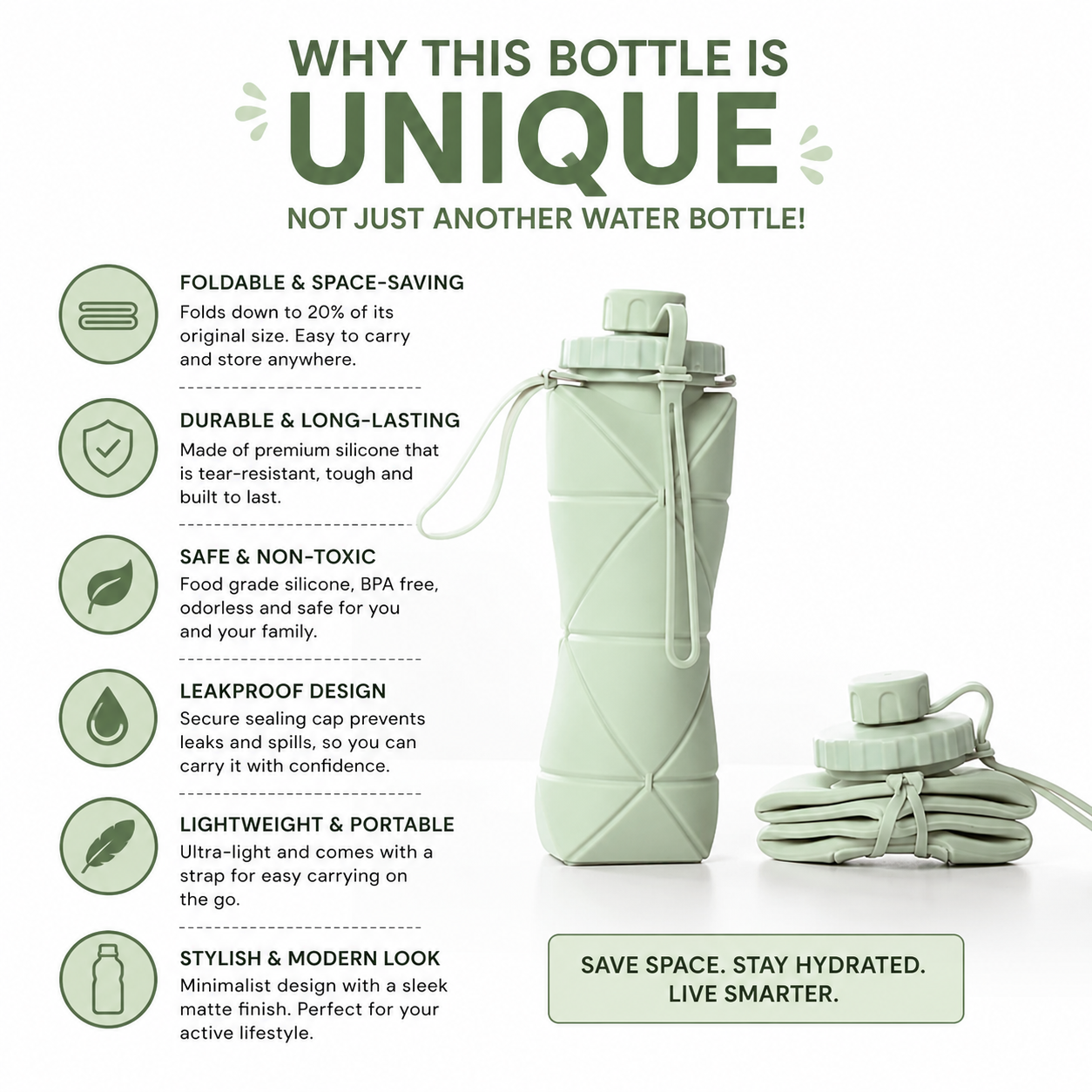 Silicone Foldable Water Bottle 600ml – Portable Reusable Bottle for Travel & College
