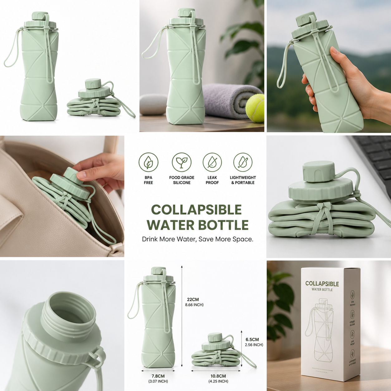 Silicone Foldable Water Bottle 600ml – Portable Reusable Bottle for Travel & College