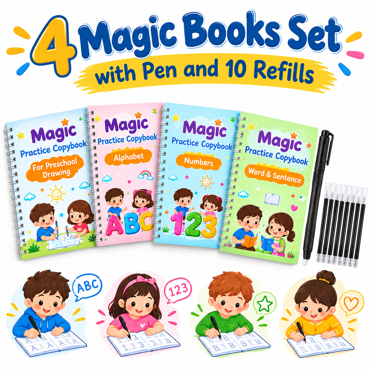 Sank Magic Practice Copybook Set for Kids – 4 Reusable Handwriting Books with Pen & 10 Refills