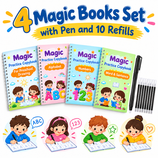 Sank Magic Practice Copybook Set for Kids – 4 Reusable Handwriting Books with Pen & 10 Refills