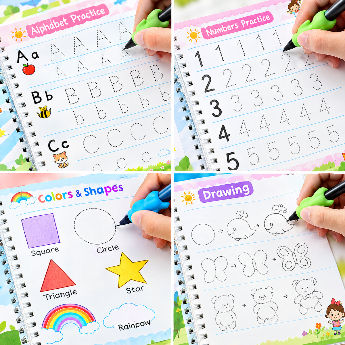 Sank Magic Practice Copybook Set for Kids – 4 Reusable Handwriting Books with Pen & 10 Refills