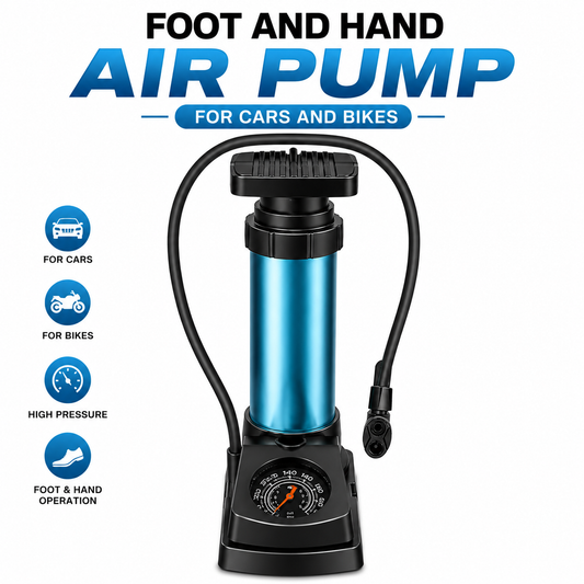 Foot & Hand Air Pump with Pressure Gauge – Portable Tire Inflator for Car, Bike & Motorcycles