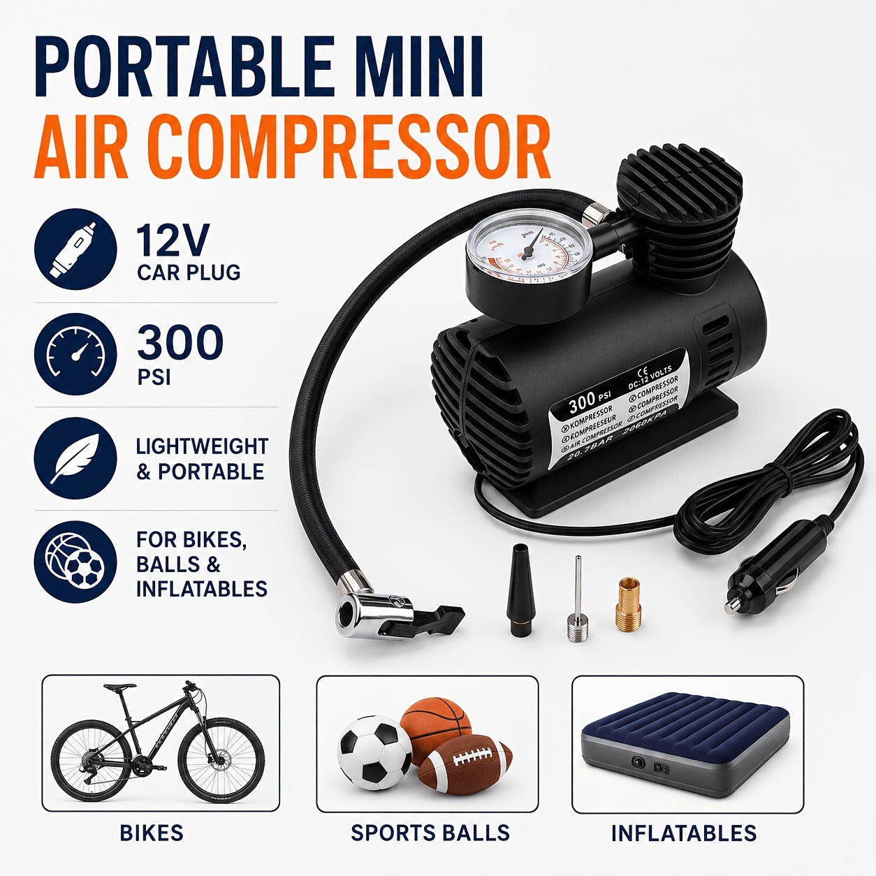 Mini 12V 300 PSI Car Air Pump – Portable Electric Tyre Compressor