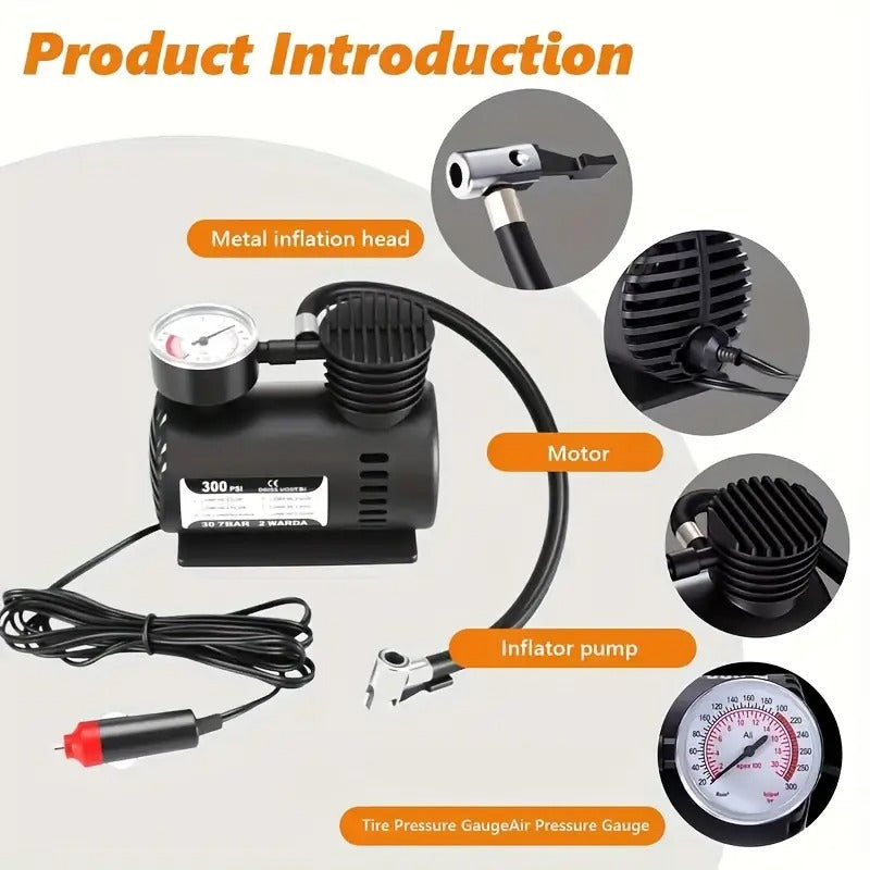 Mini 12V 300 PSI Car Air Pump – Portable Electric Tyre Compressor